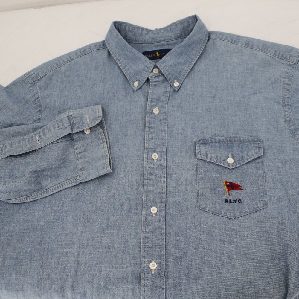 Polo ralph Laurens shirt men's 2xl Yacht Club RLYC Denim Chambray Cotton Blue
